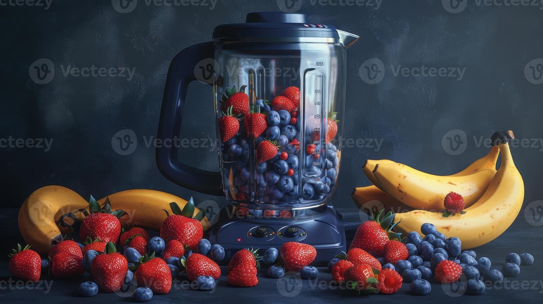 Blueberries, Strawberries, and Bananas Ready for a Smoothie in a Blender photo