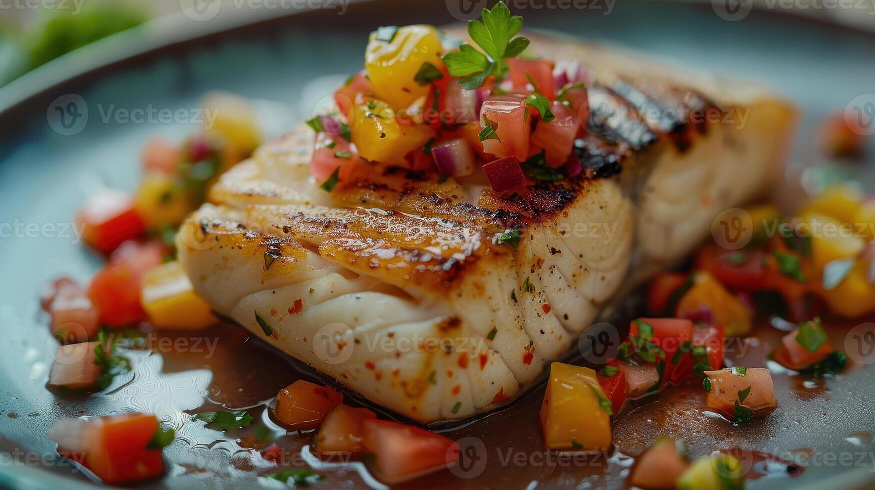 Grilled Grouper With Mango Salsa and Parsley Garnish photo