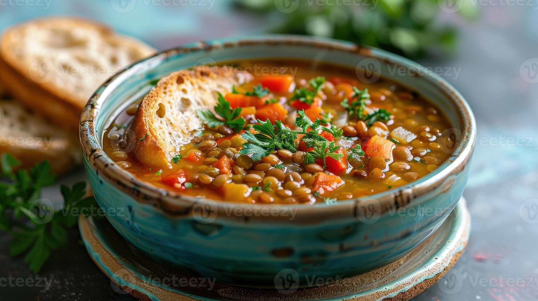 Close-Up of Lentil Soup With Croutons and Parsley photo