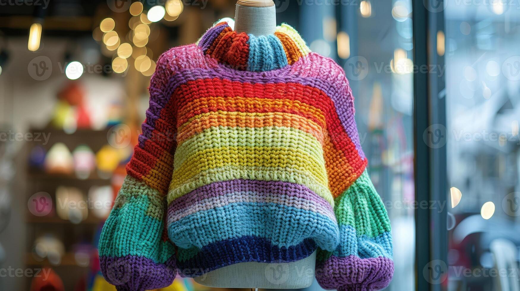 Colorful Striped Knit Sweater Displayed in a Store Window photo