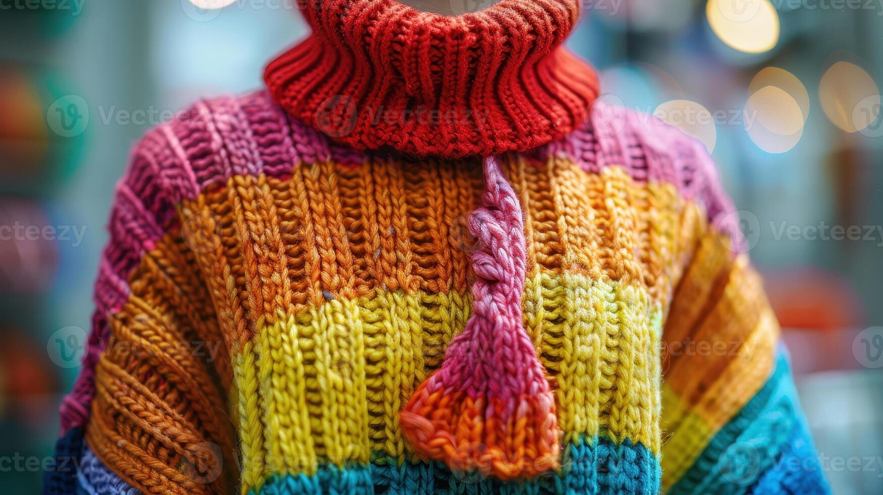 Colorful Knitted Sweater With a Rainbow Pattern Worn Outdoors photo