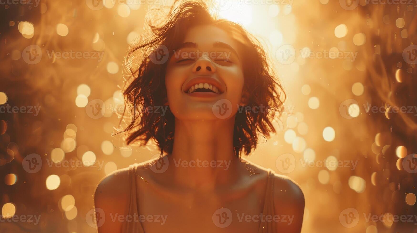 Woman With Short Hair Smiling in Golden Light With Bokeh photo