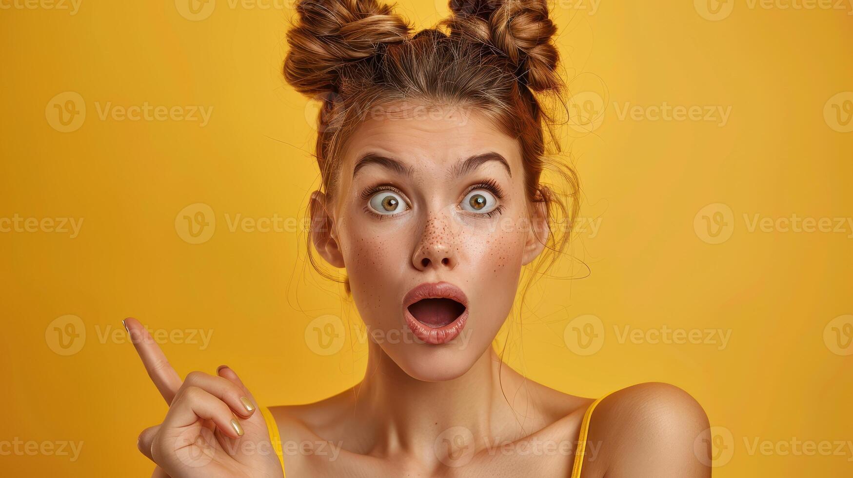 Woman With Blonde Hair in Buns Points Up With Surprised Expression Against a Yellow Background photo