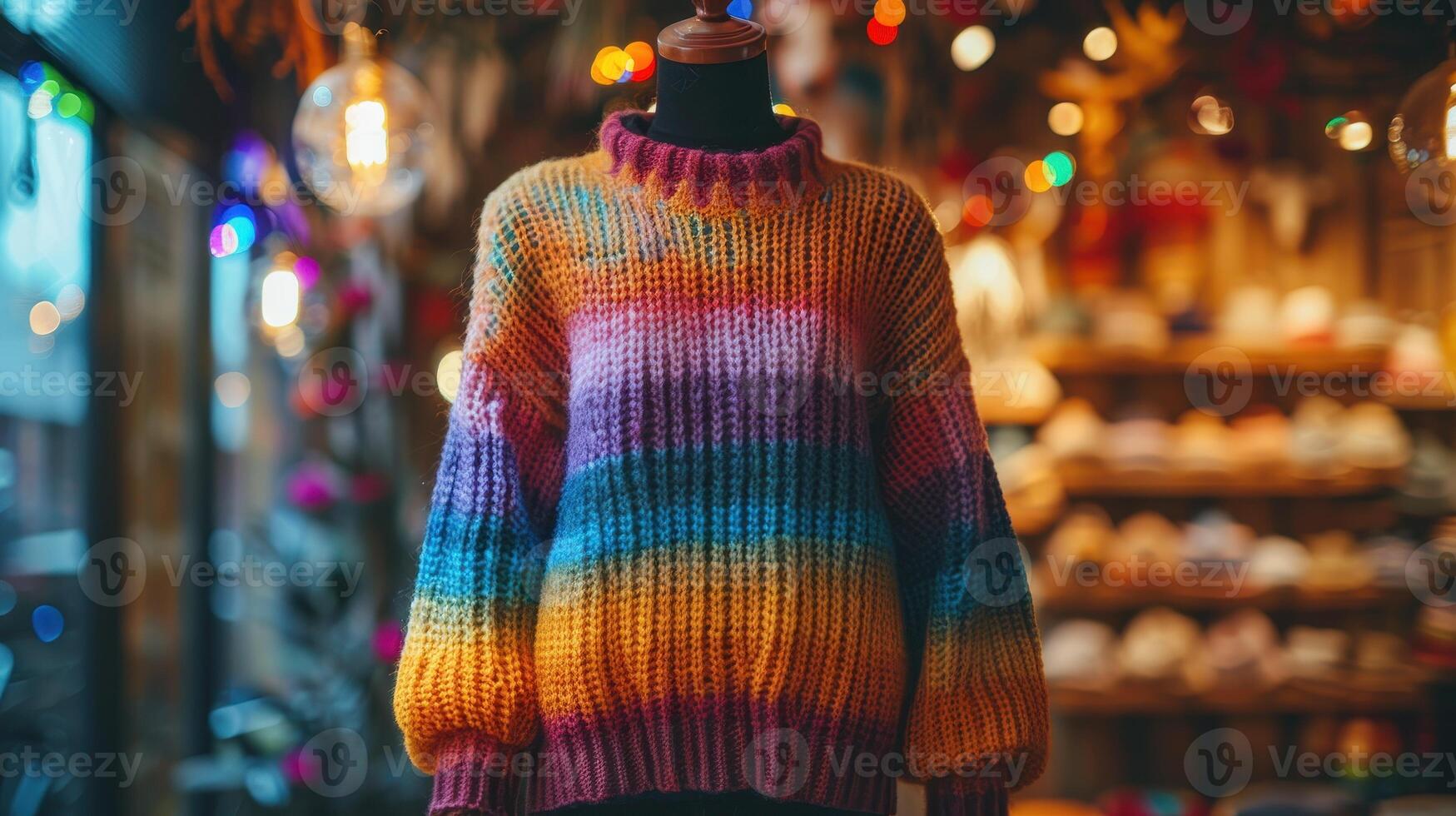 Multicolored Knit Sweater Displayed in a Storefront Window photo