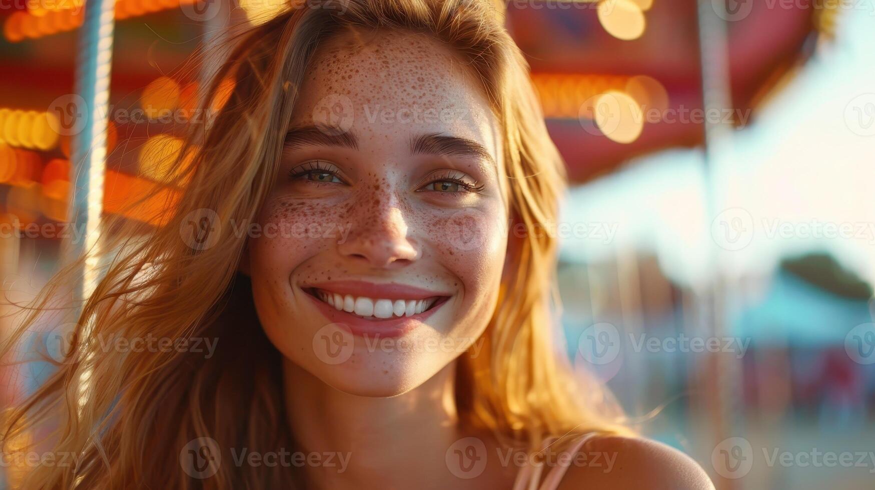 Woman With Freckles Smiling at a Carnival in the Evening photo