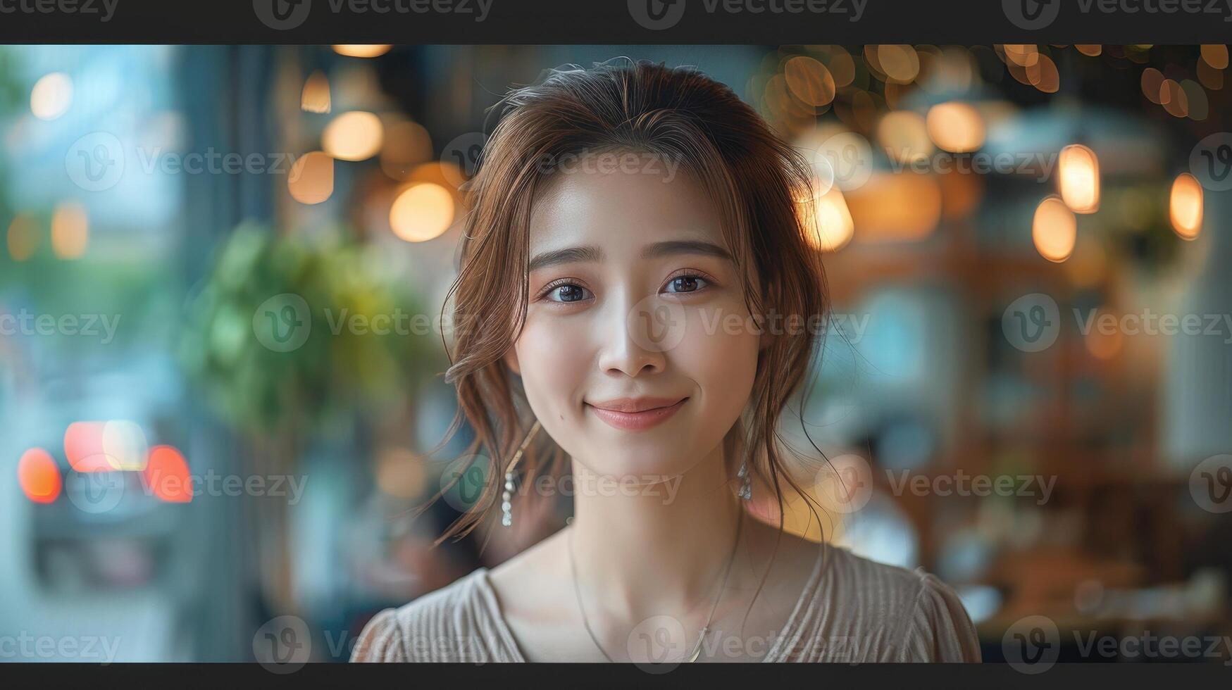 Young Woman Smiling at Camera in a Cafe Setting During the Day photo