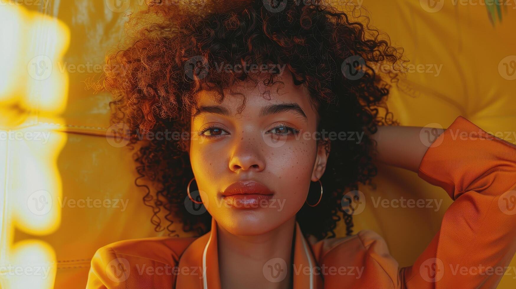 Close Up Portrait of a Young Woman With Curly Hair in an Orange Shirt photo