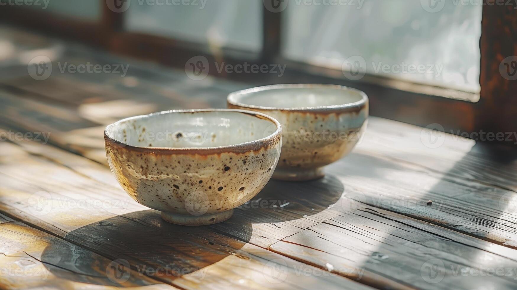 Two Ceramic Bowls Resting on a Wooden Surface in Sunlight photo