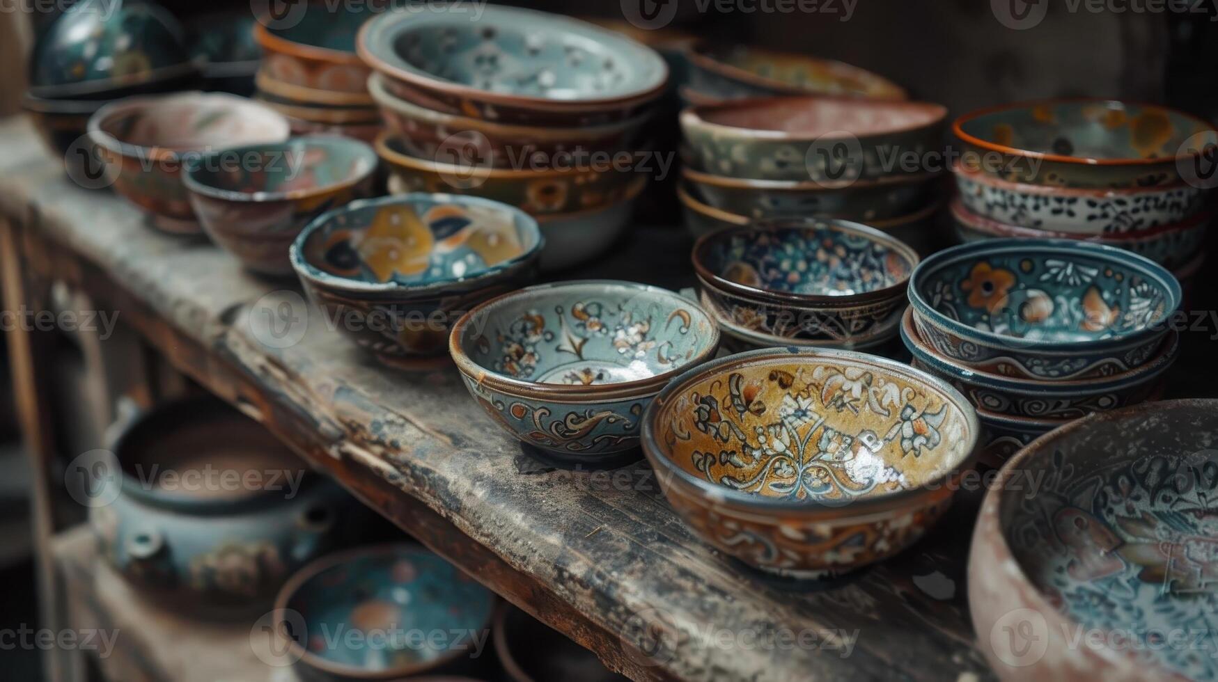 Hand-Painted Ceramic Bowls Displayed on Rustic Shelf photo