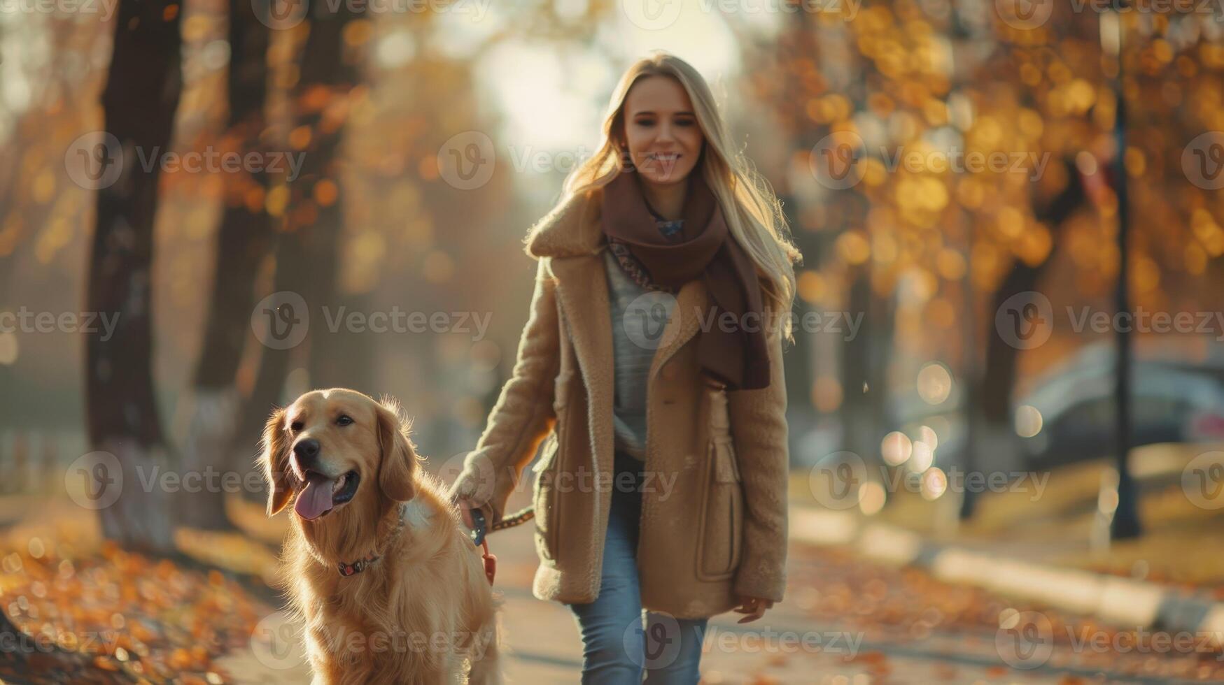 Woman Walks Golden Retriever Through Autumn Park photo
