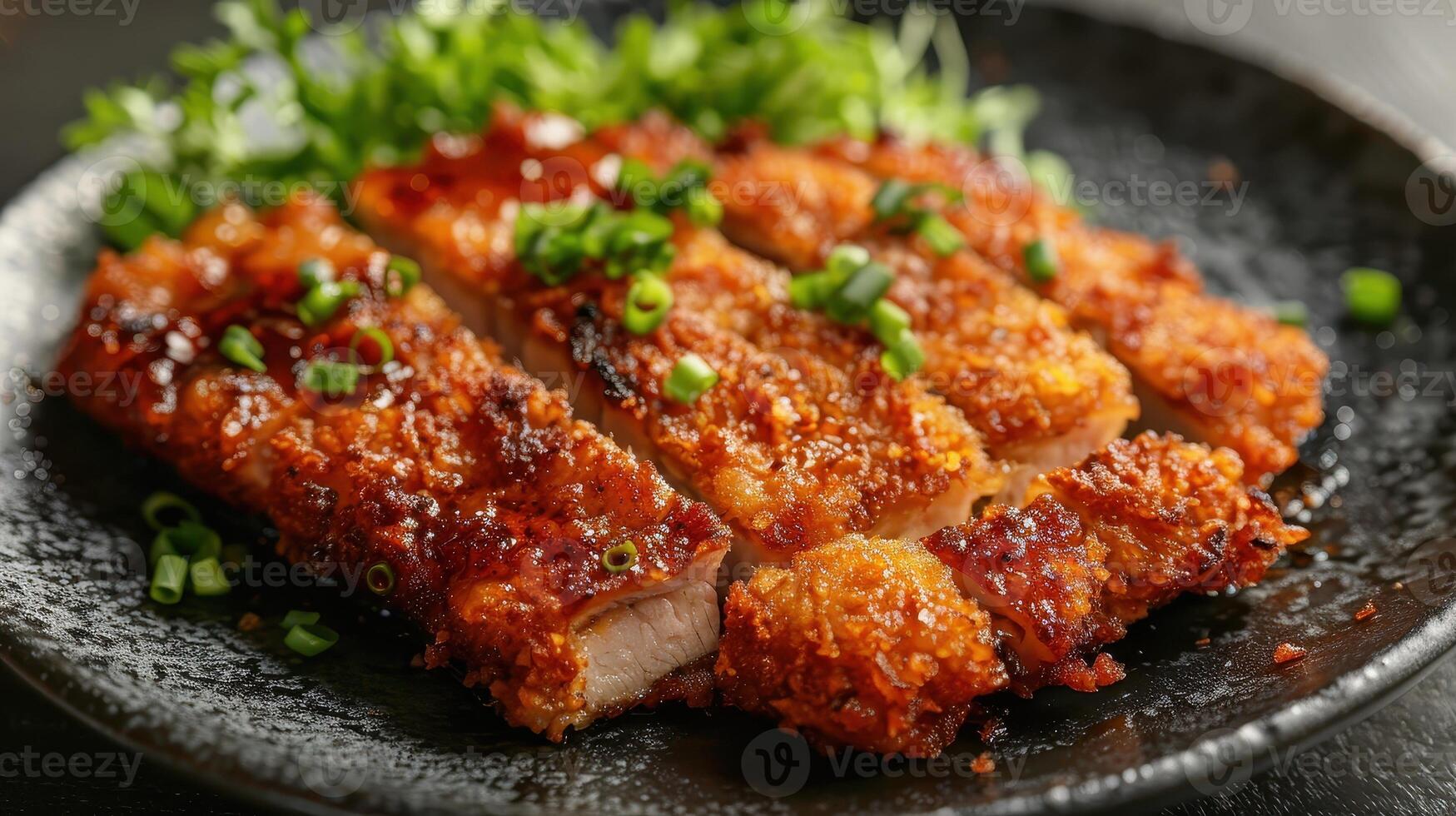 Crispy Breaded Pork Cutlets With Green Onions and Sauce photo