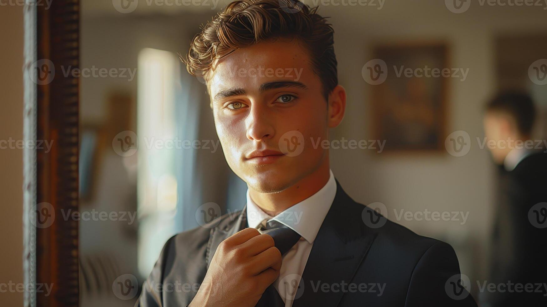 Young Man Adjusting Tie in Front of Mirror in a Well-Lit Room photo