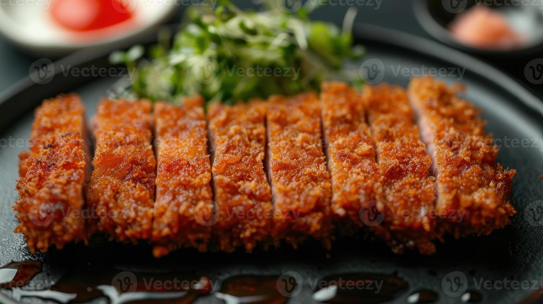 Crispy Fried Pork Cutlets Served on Black Plate With Sauce photo