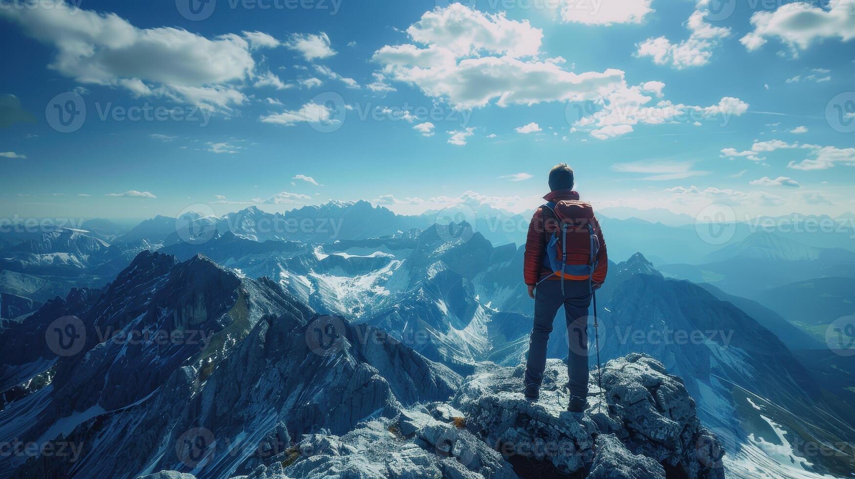 Solo Backpacker Gazing at a Mountain Range on a Sunny Day photo