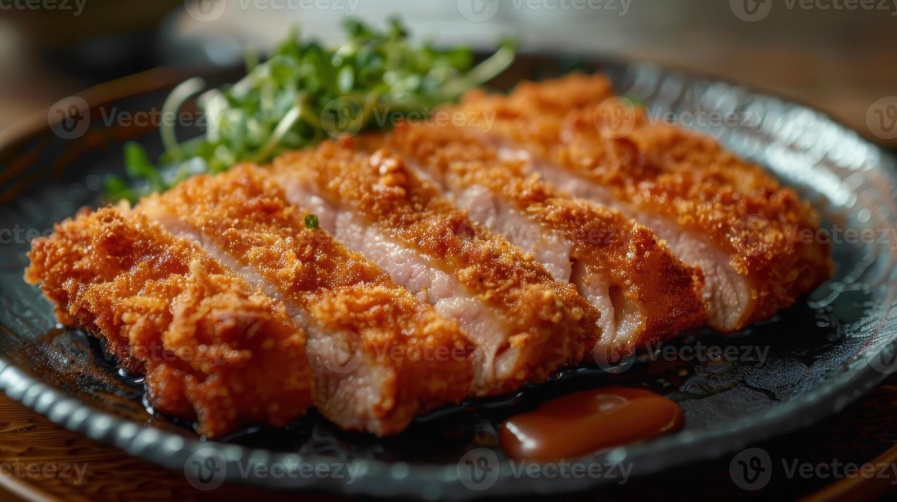 Crispy Breaded Pork Cutlet With Sauce and Greens on a Black Plate photo