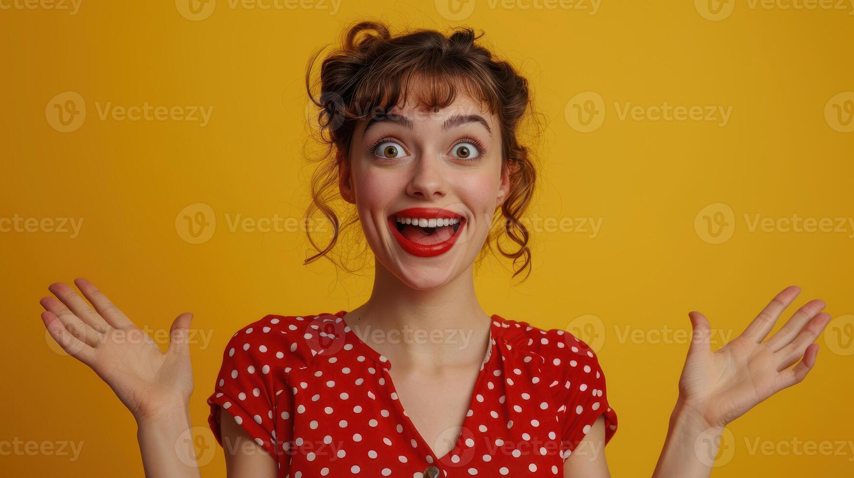 Woman in Red Polka Dot Dress With Open Mouth and Gesturing Hands Against a Yellow Background photo