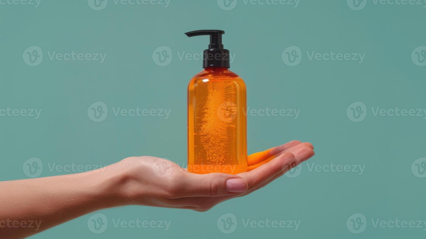 Orange Liquid Hand Soap Bottle Held in a Hand Against a Teal Background photo