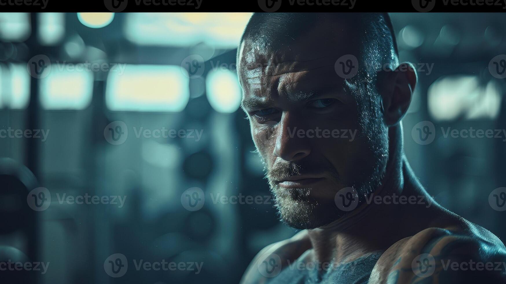 A Muscular Man's Intense Gaze in a Gym Setting photo
