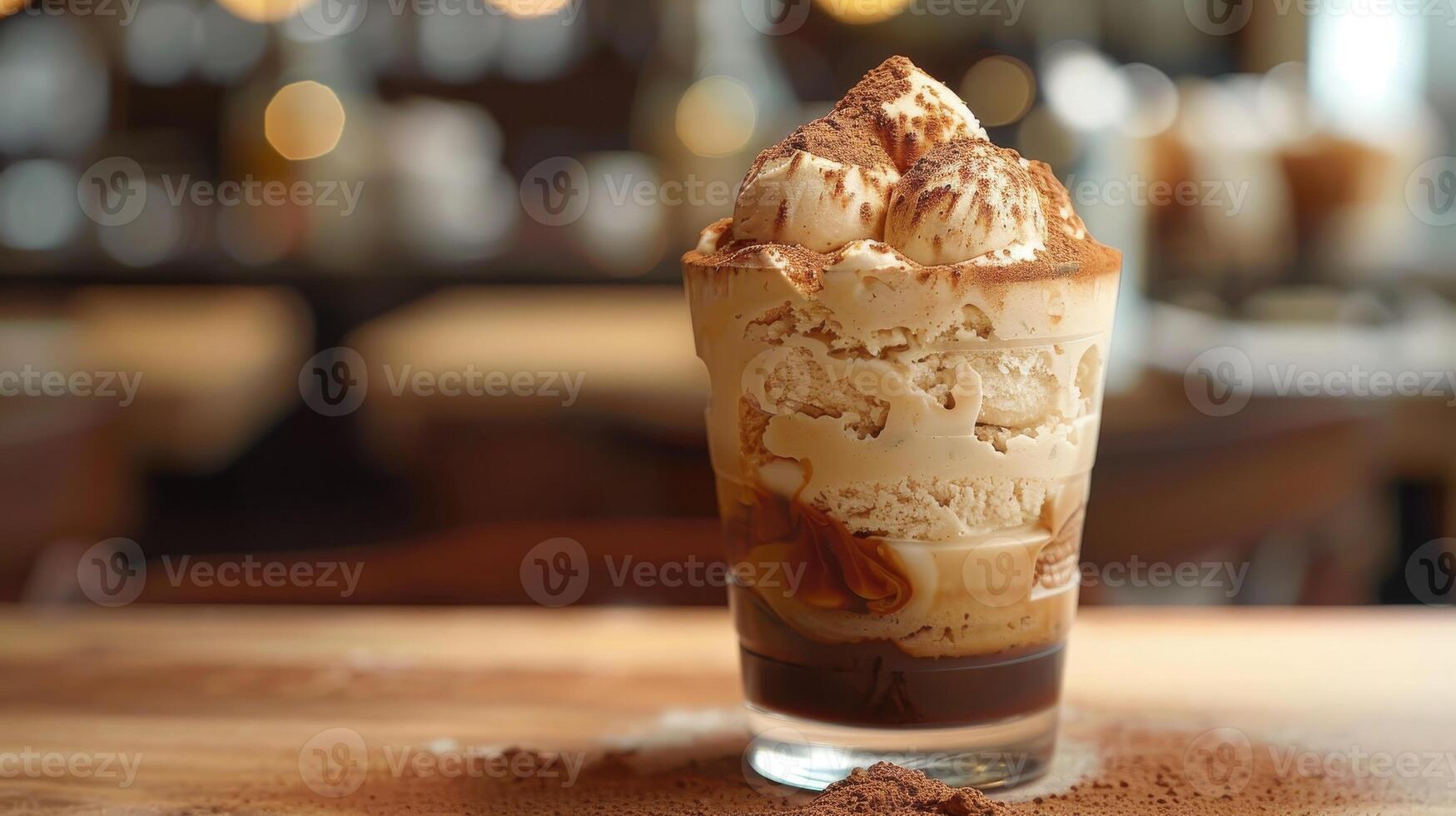 Close Up of a Glass of Iced Coffee With Whipped Cream and Cocoa Powder on a Wooden Table photo