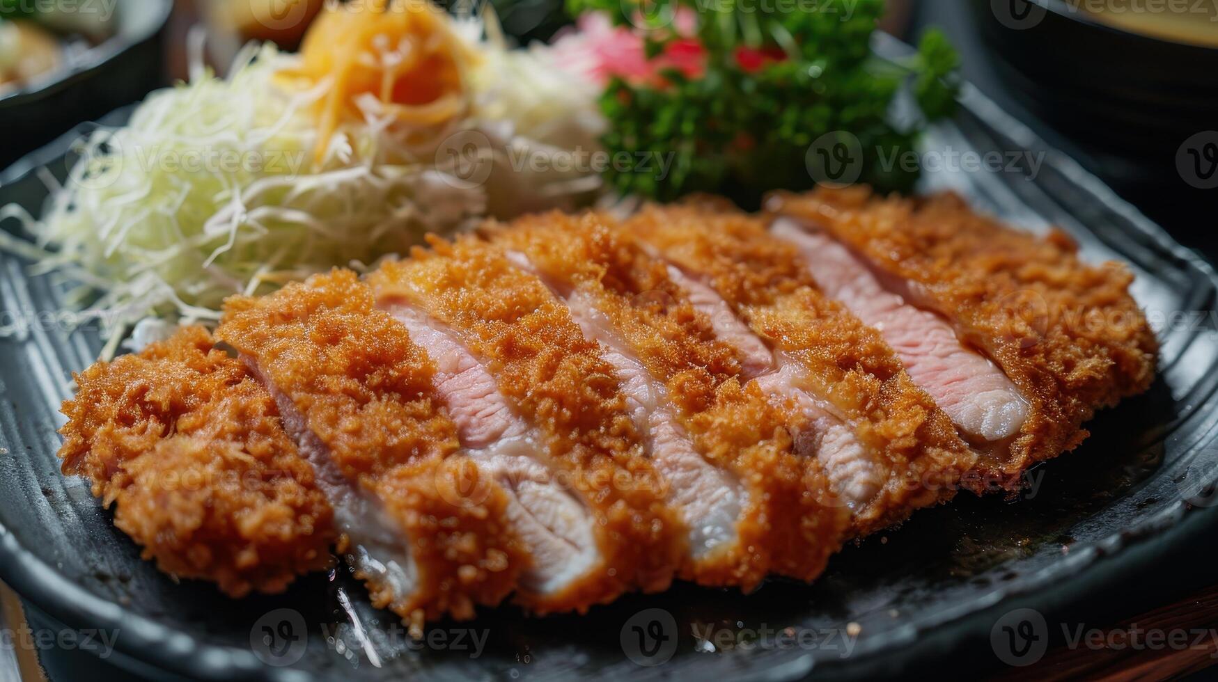 Crispy Breaded Pork Cutlet Served on Black Plate With Cabbage Salad photo