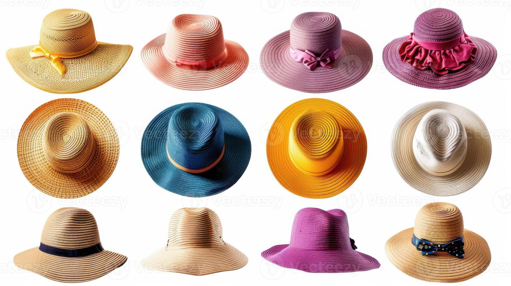 Colorful Collection of Stylish Summer Hats Displayed in Various Designs and Styles for Women. photo