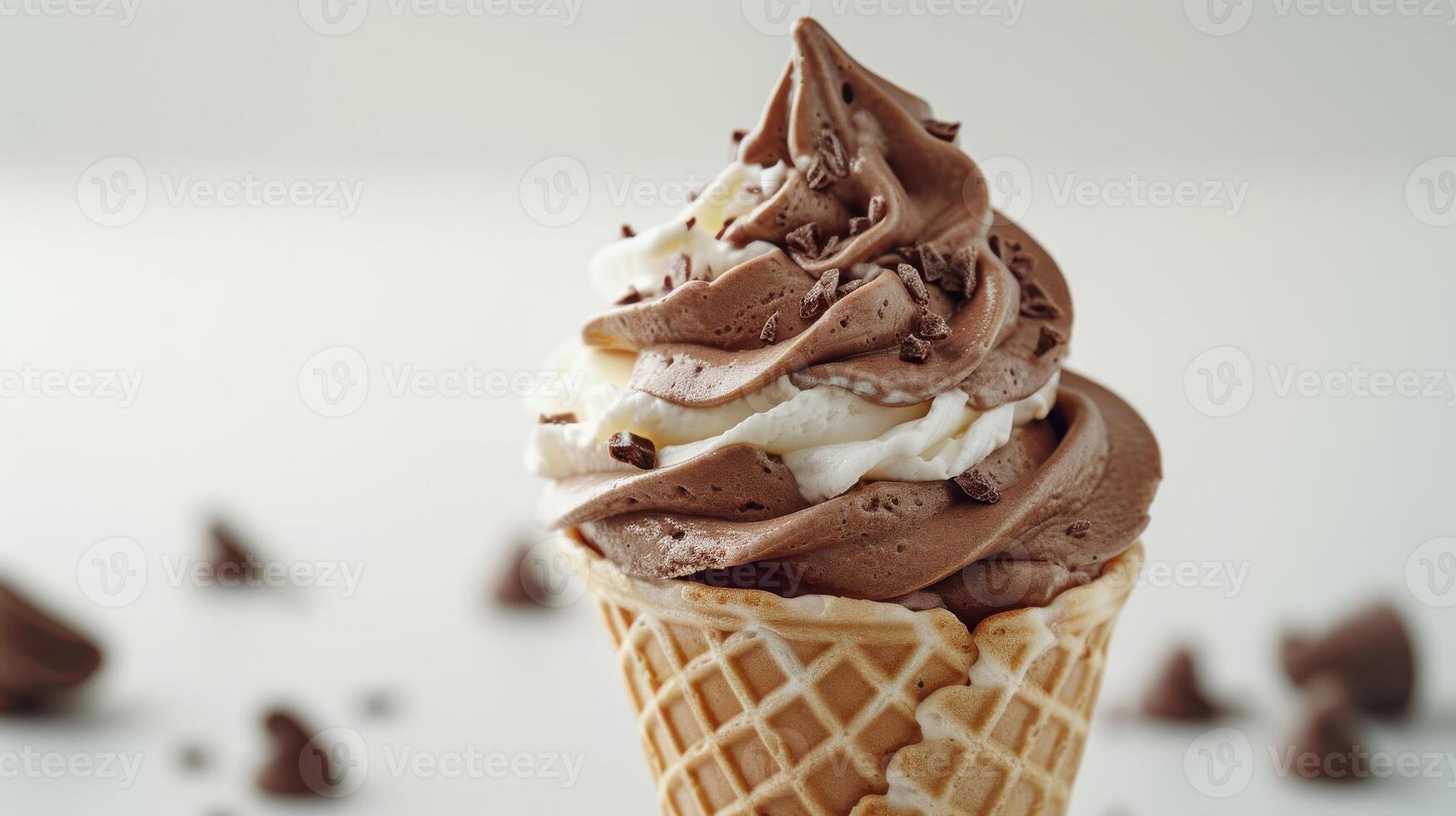 Indulgent Chocolate Swirl Soft Serve Ice Cream Cone Enjoyed on a Warm Summer Afternoon. photo