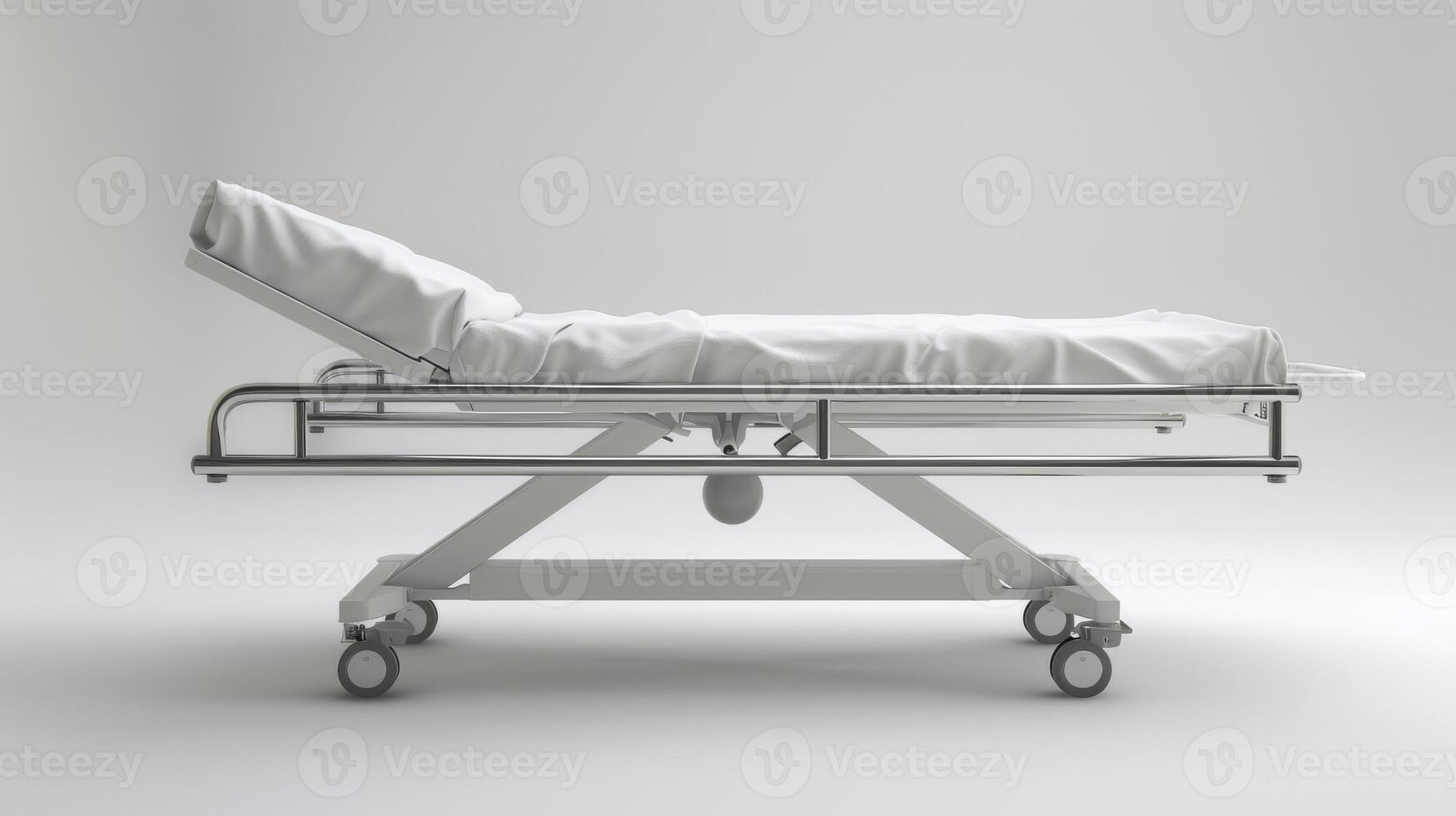Adjustable Hospital Bed Stretched Out on White Background Ready for Patient Use. photo