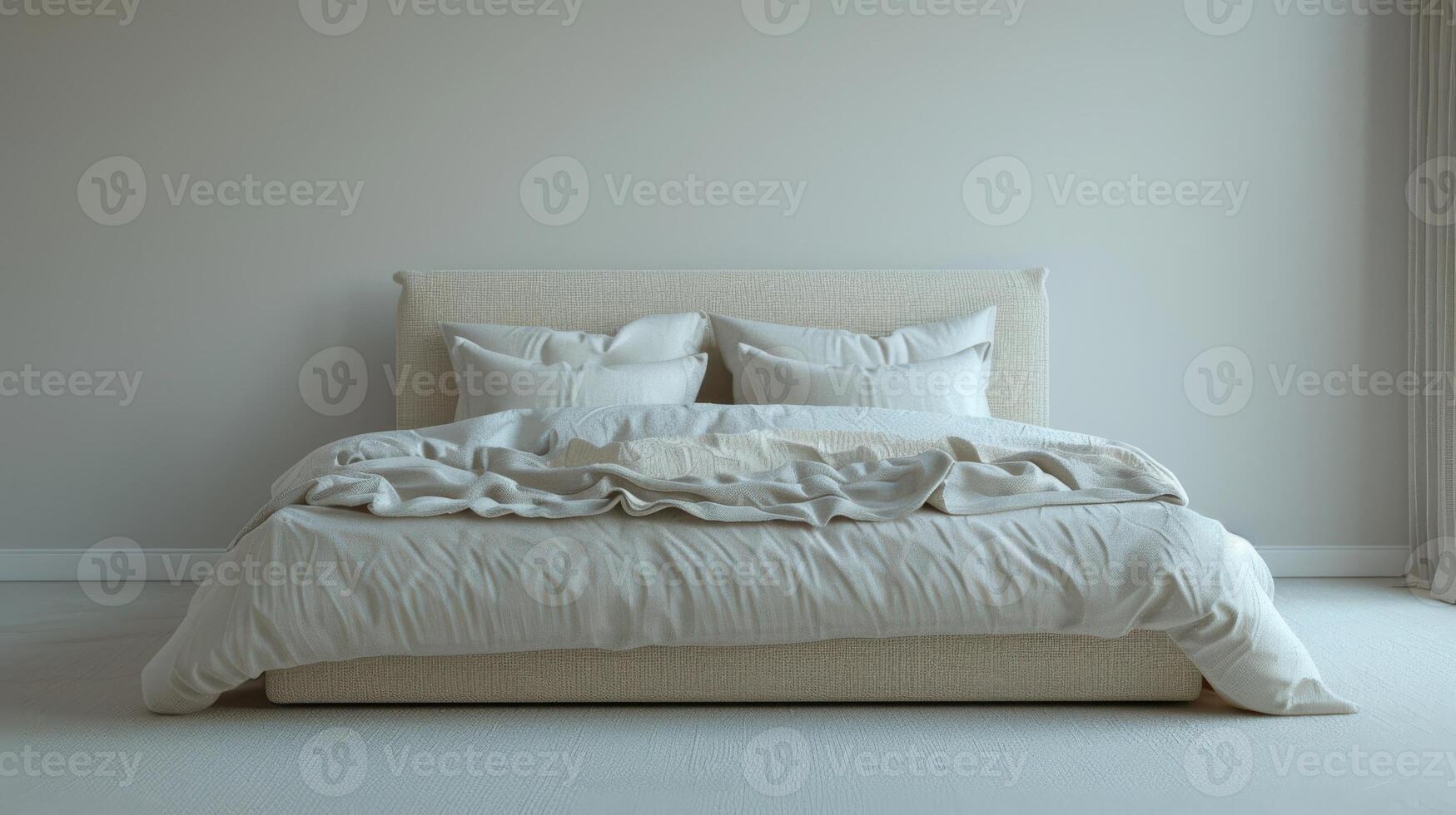 Cozy Modern Bed With Soft Bedding In Bright Room Featuring Neutral Tones And Plush Pillows During Daylight Hours. photo