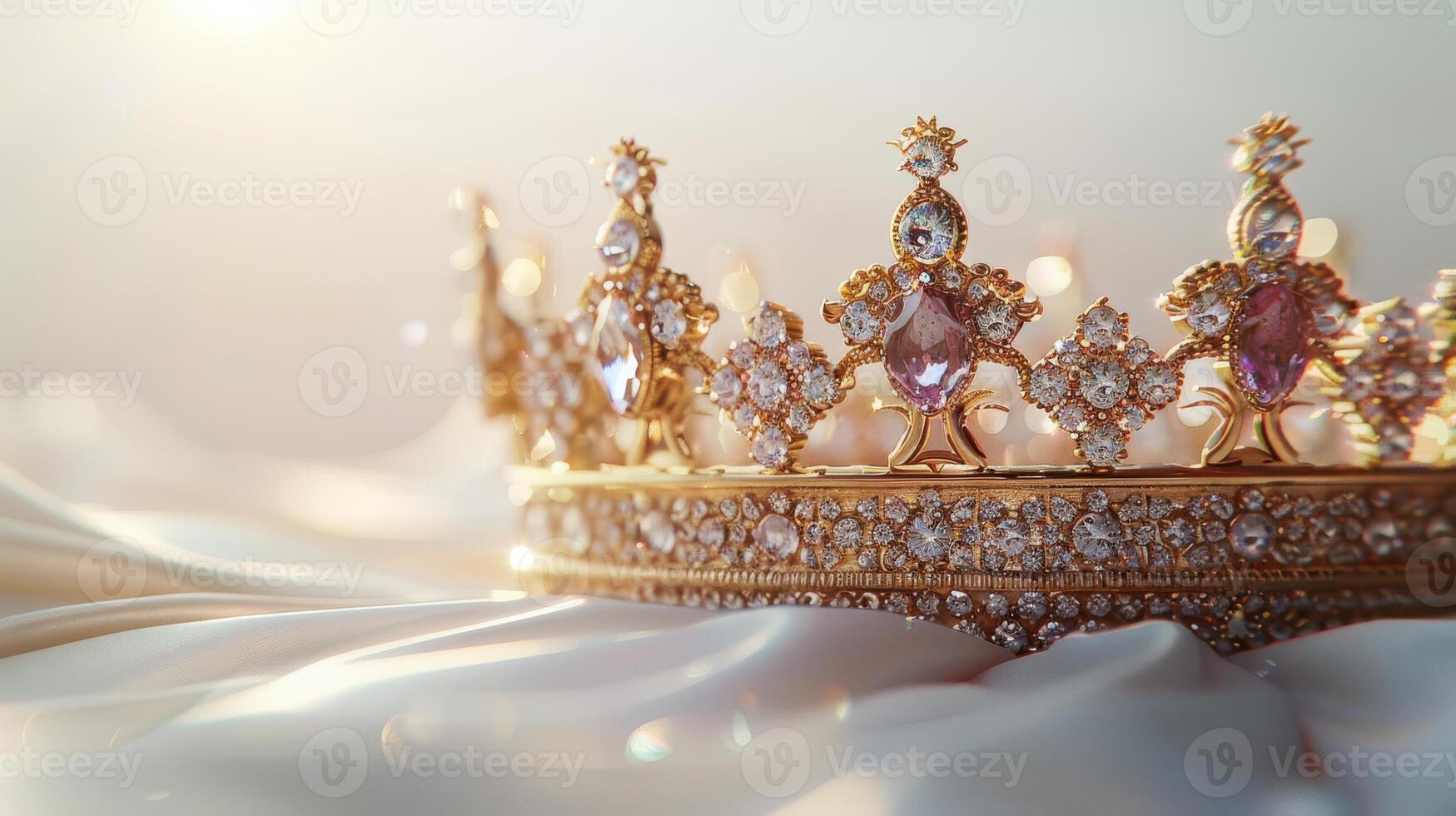 A Beautifully Crafted Gold Crown Adorned With Gems and Sparkling Diamonds on a White Background. photo