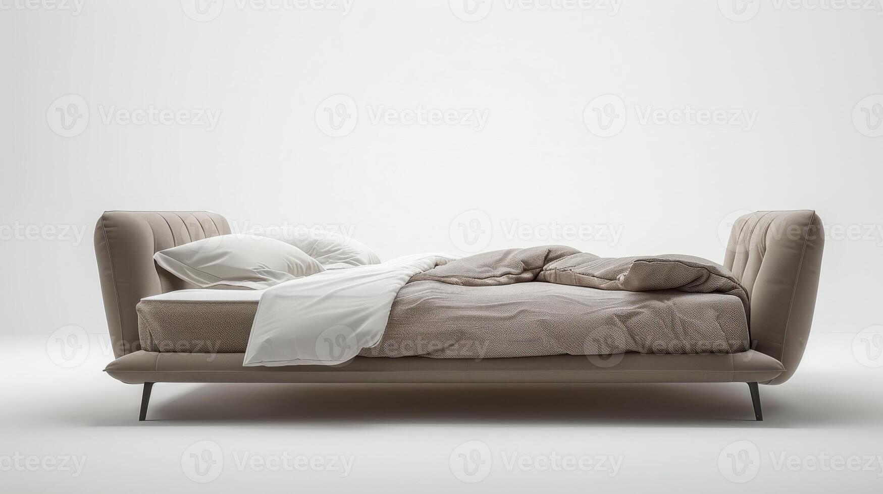 Modern Minimalist Bed With Soft Bedding Set in Bright White Background During Daylight. photo