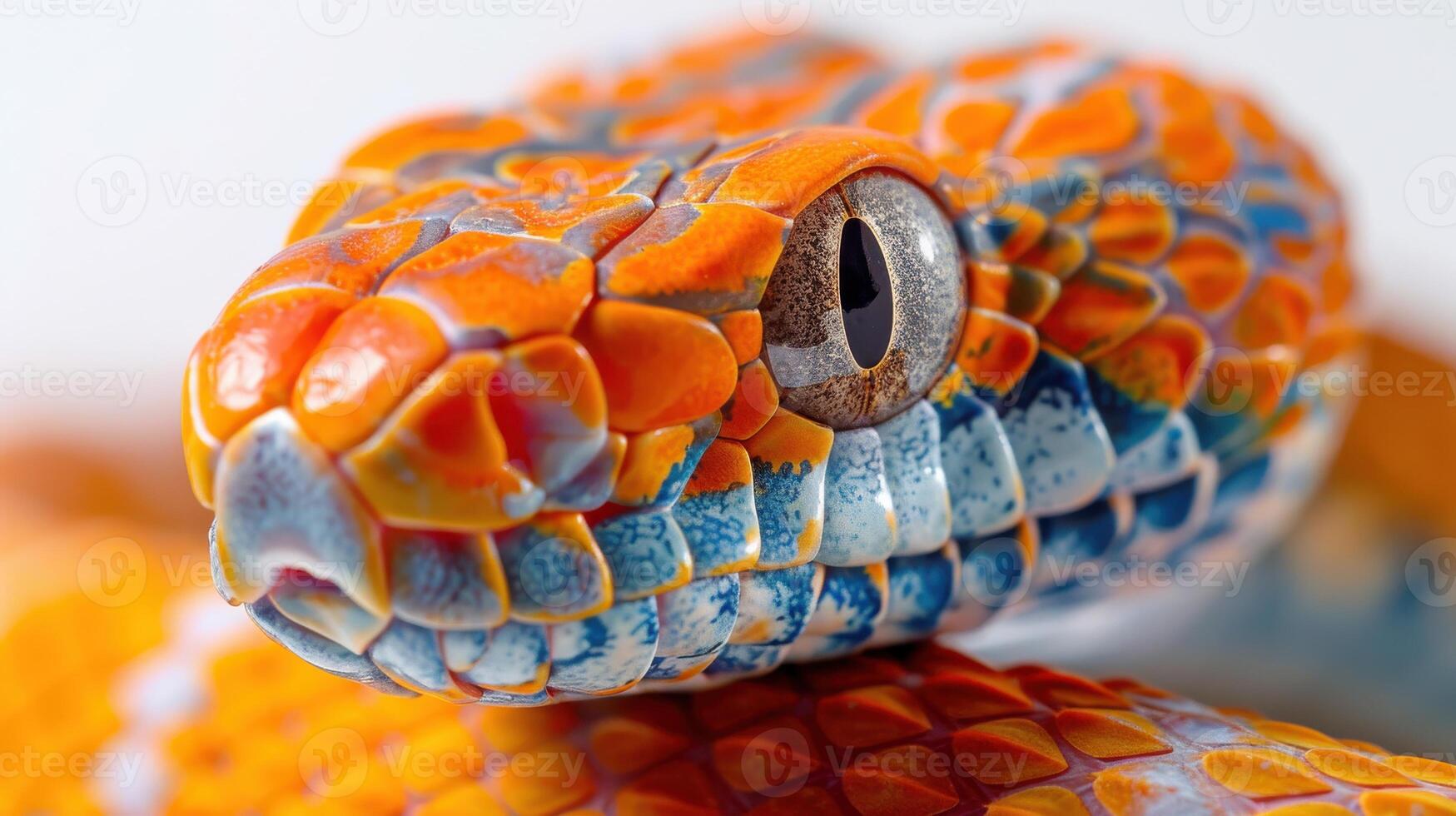 Vibrant Orange and Blue Snake Displaying Unique Coloration and Patterns Under Bright Light Conditions. photo