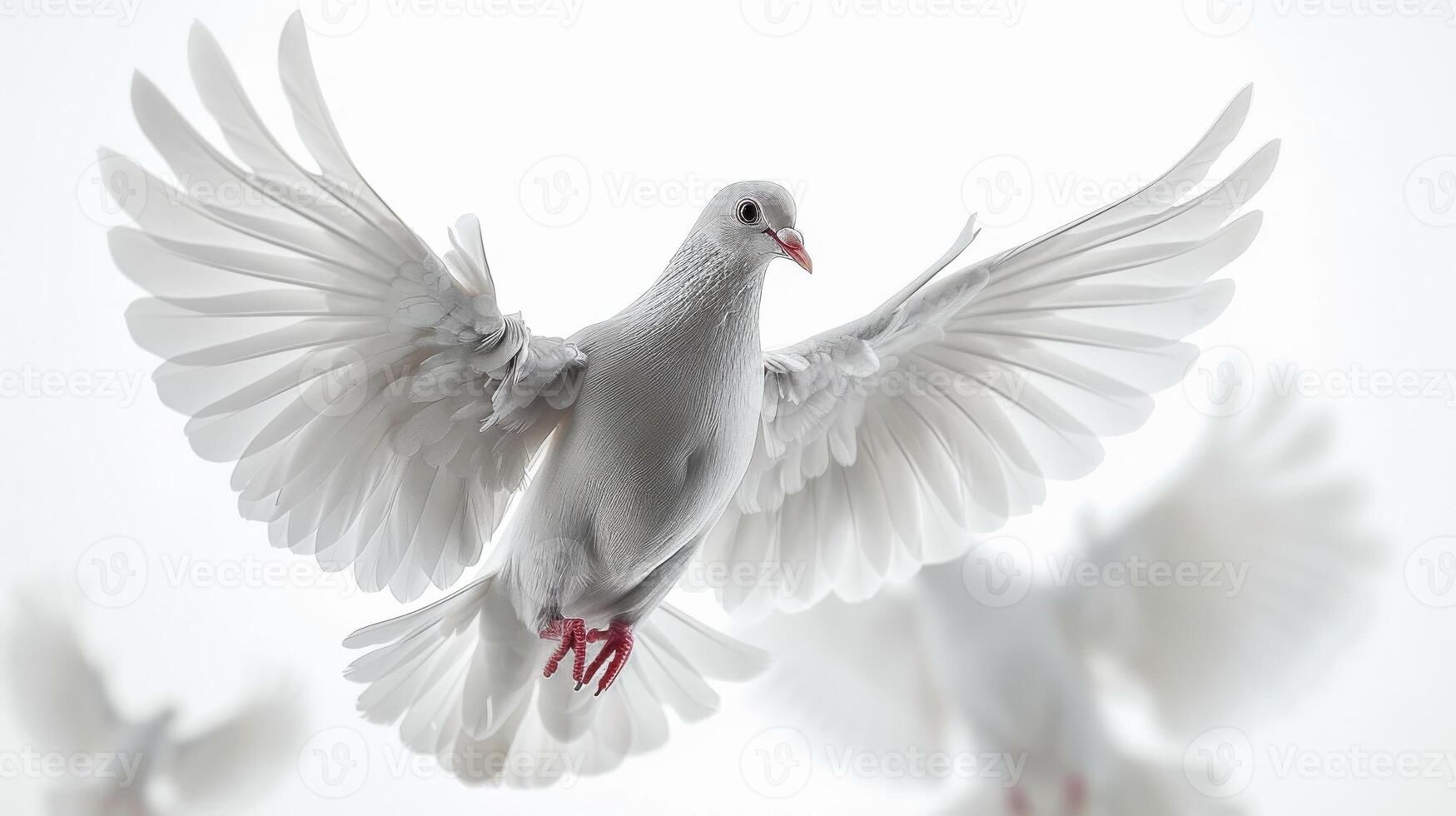 Graceful White Dove in Flight Against a Bright White Background. photo