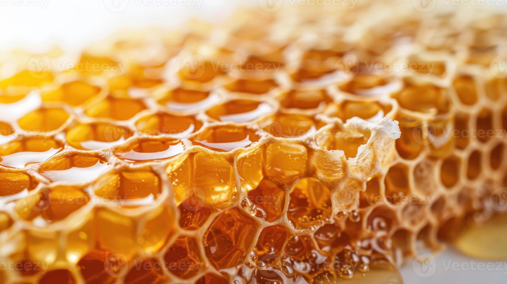 Golden Honeycomb Structure Close-Up With Rich, Sticky Honey Dripping During Late Afternoon. photo