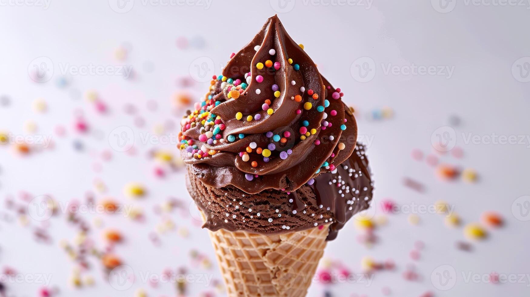 Delicious Chocolate Ice Cream Cone Topped With Colorful Sprinkles Served In A Waffle Cone. photo