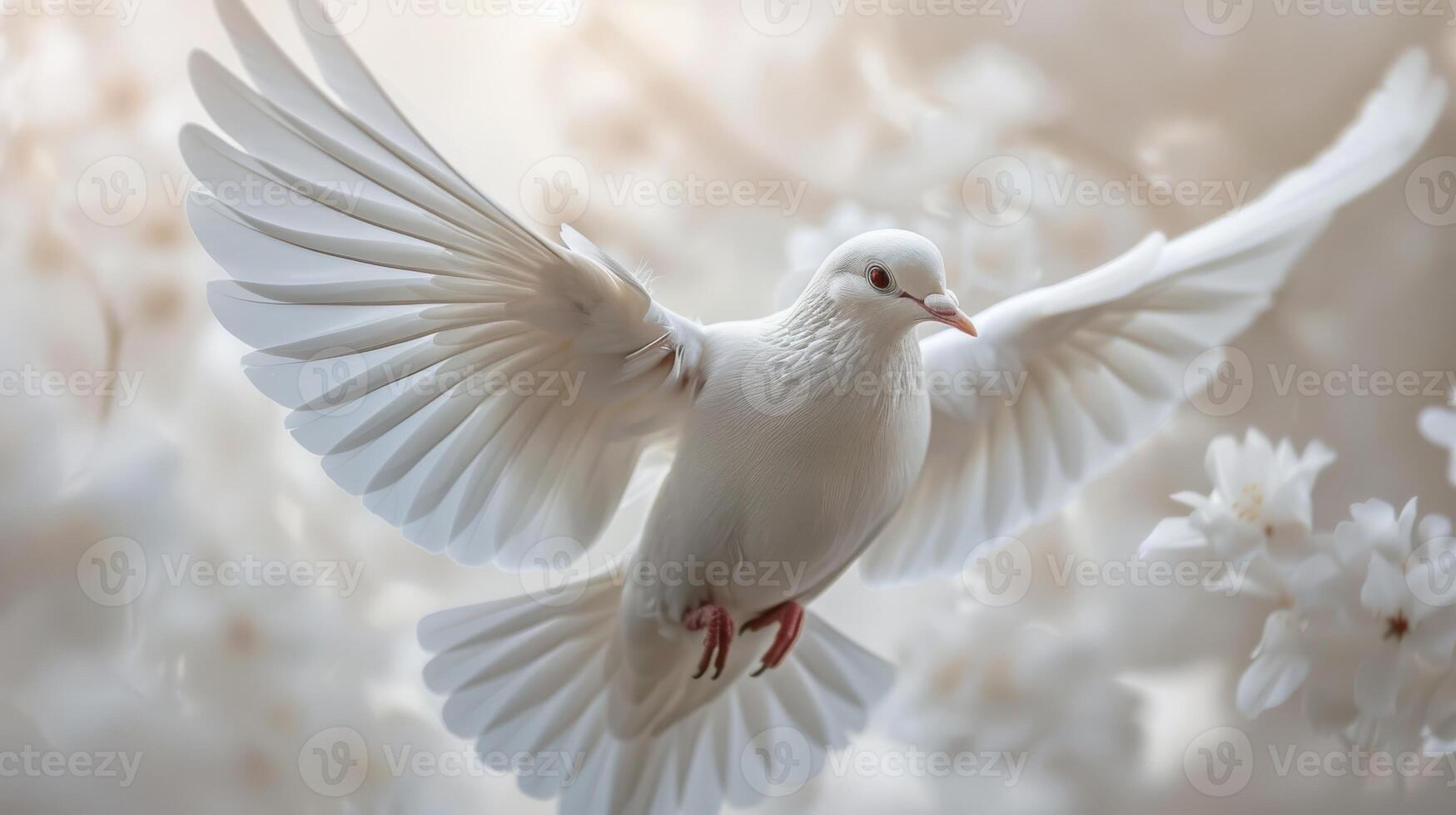 White Dove Flying Gracefully Against a Bright Background During Daytime. photo