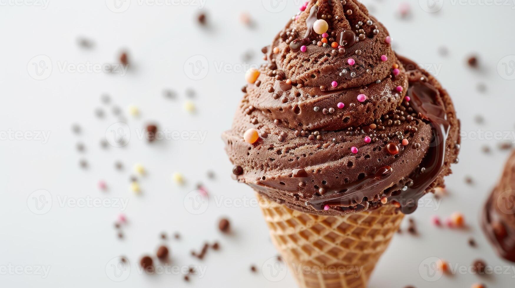 Delicious Chocolate Soft Serve Ice Cream Cone With Colorful Sprinkles Against White Background. photo