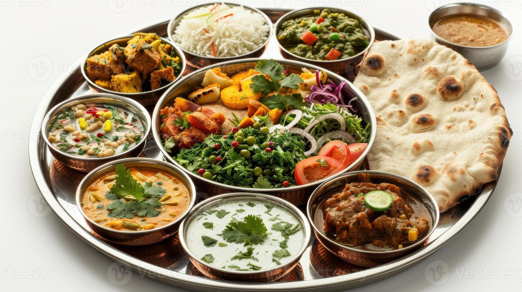 Traditional Indian Thali Filled With Various Dishes Served On A Metal Platter At A Family Gathering During Dinner Time. photo