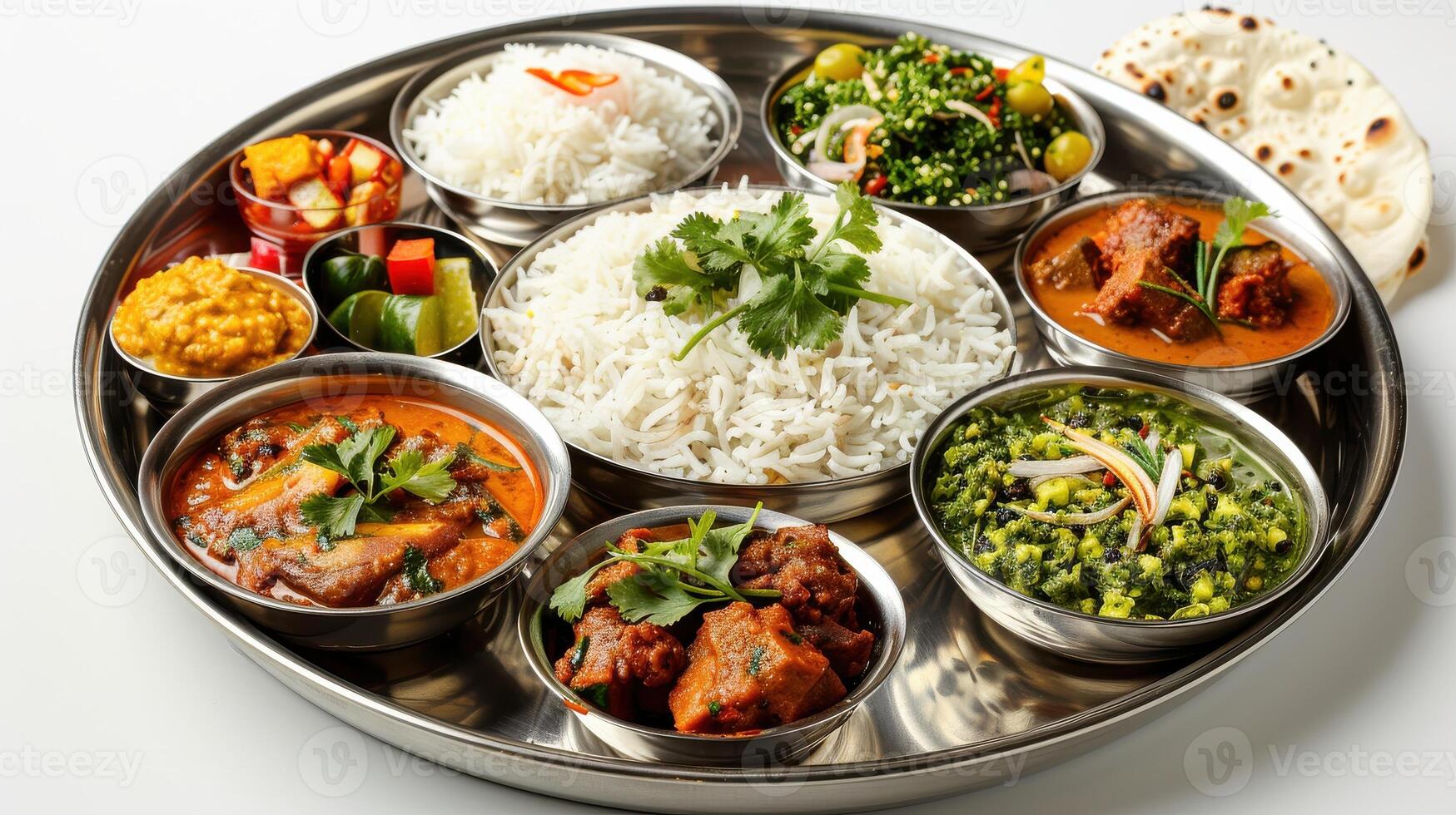 Traditional Indian Thali Featuring Variety of Dishes With Rice and Bread Served on a Metal Platter. photo