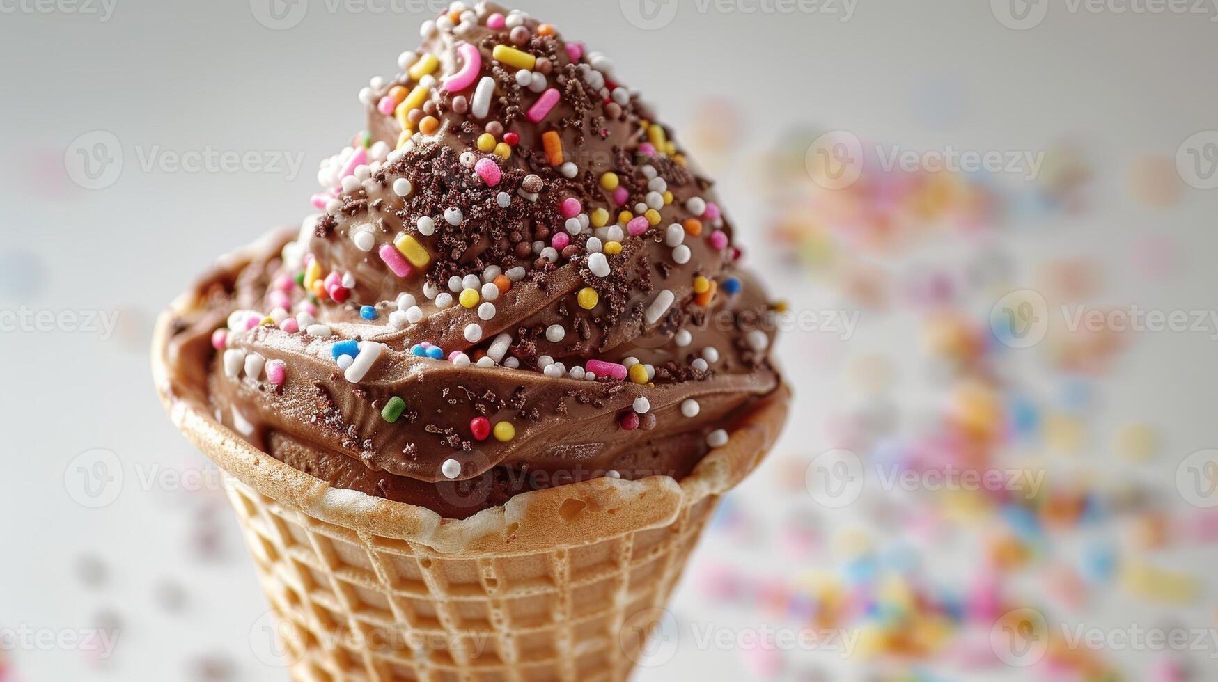 Delicious Chocolate Soft Serve Ice Cream Cone Topped With Colorful Sprinkles Enjoyed on a Warm Summer Day. photo