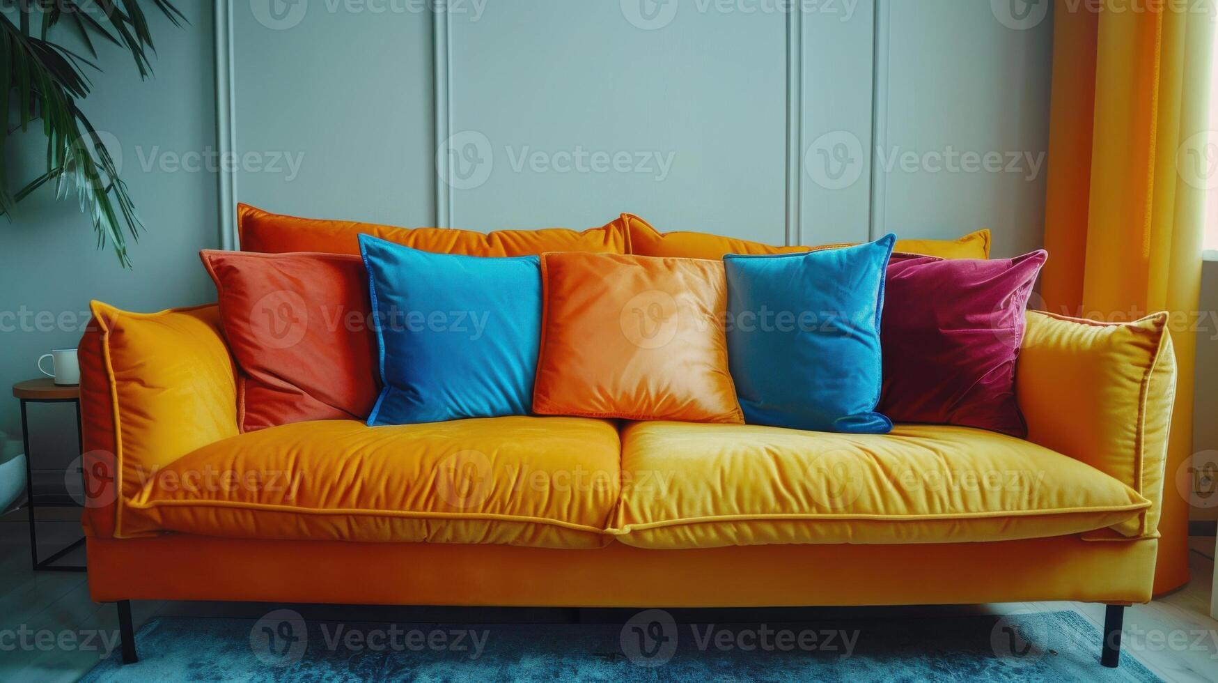 Vibrant Orange Sofa With Colorful Cushions Inviting Comfort In Modern Living Space. photo