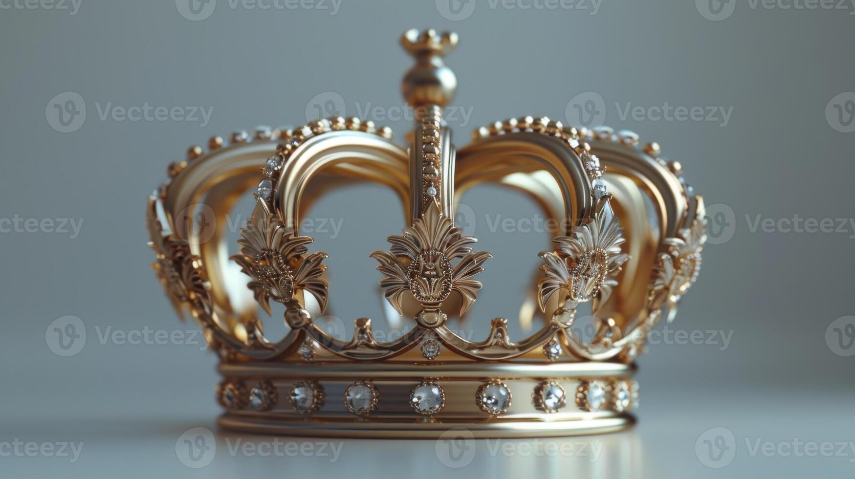 A Majestic Golden Crown Adorned With Sparkling Gems Displayed on a Soft White Surface. photo