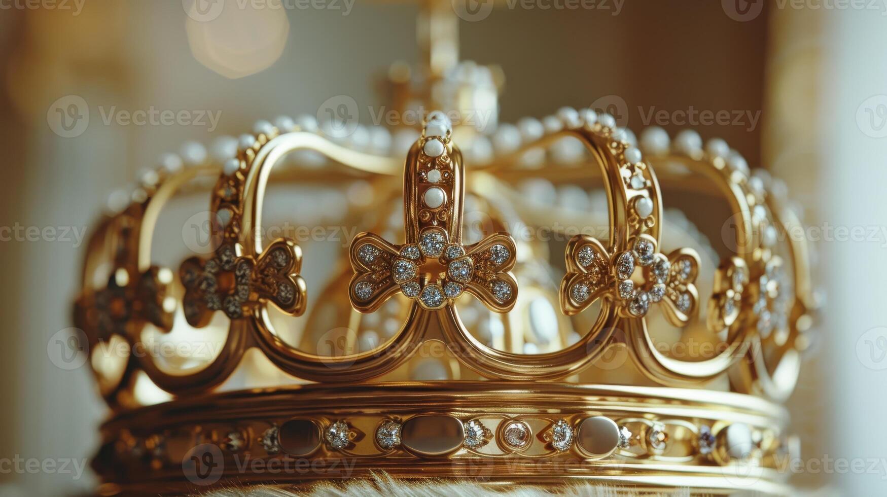 Exquisite Golden Crown Adorned With Pearls and Jewels Captured in Bright Light During Regal Display. photo