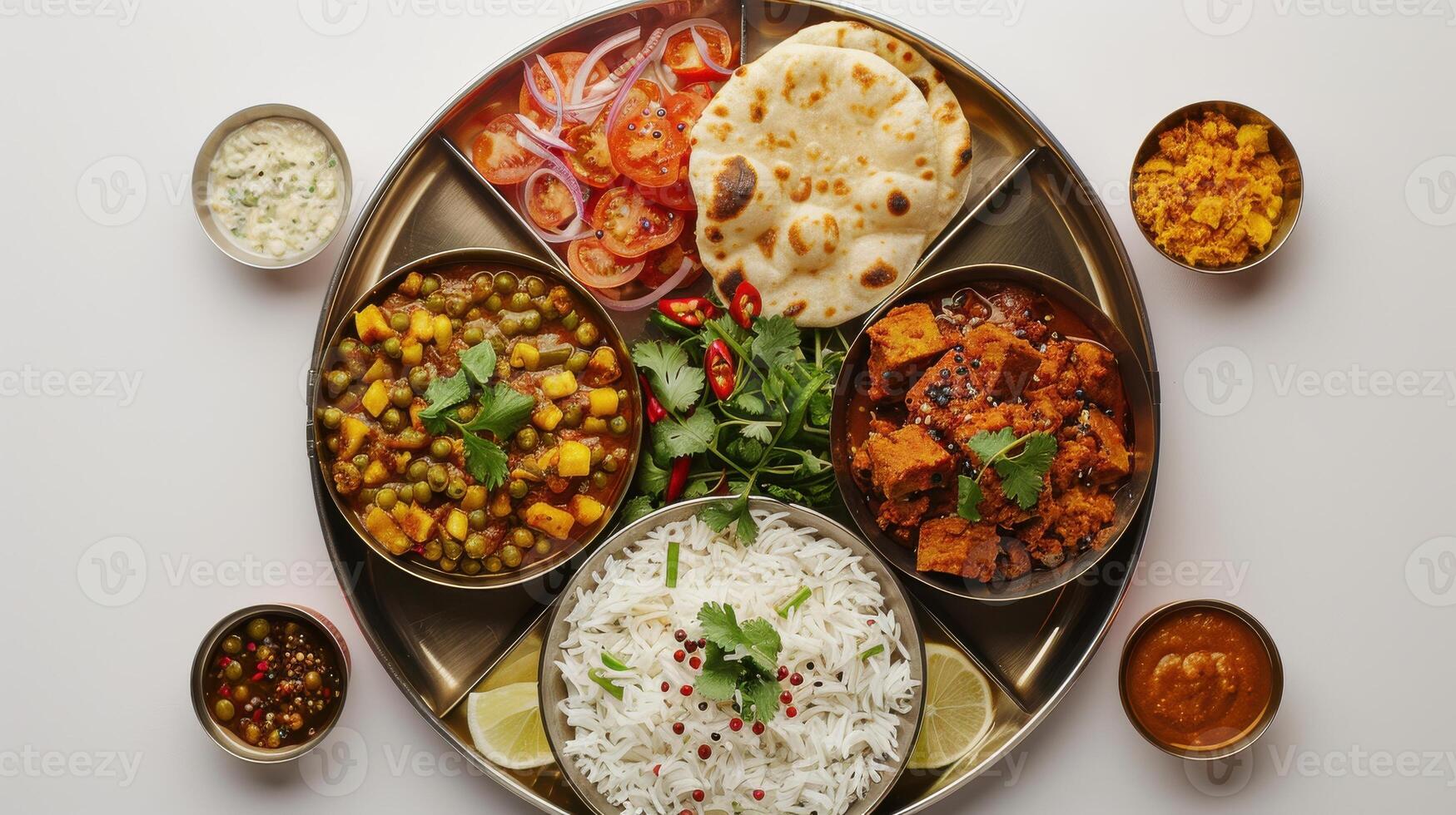 Delicious Indian Cuisine Thali Served on a Metal Plate With Fresh Ingredients and Accompaniments. photo