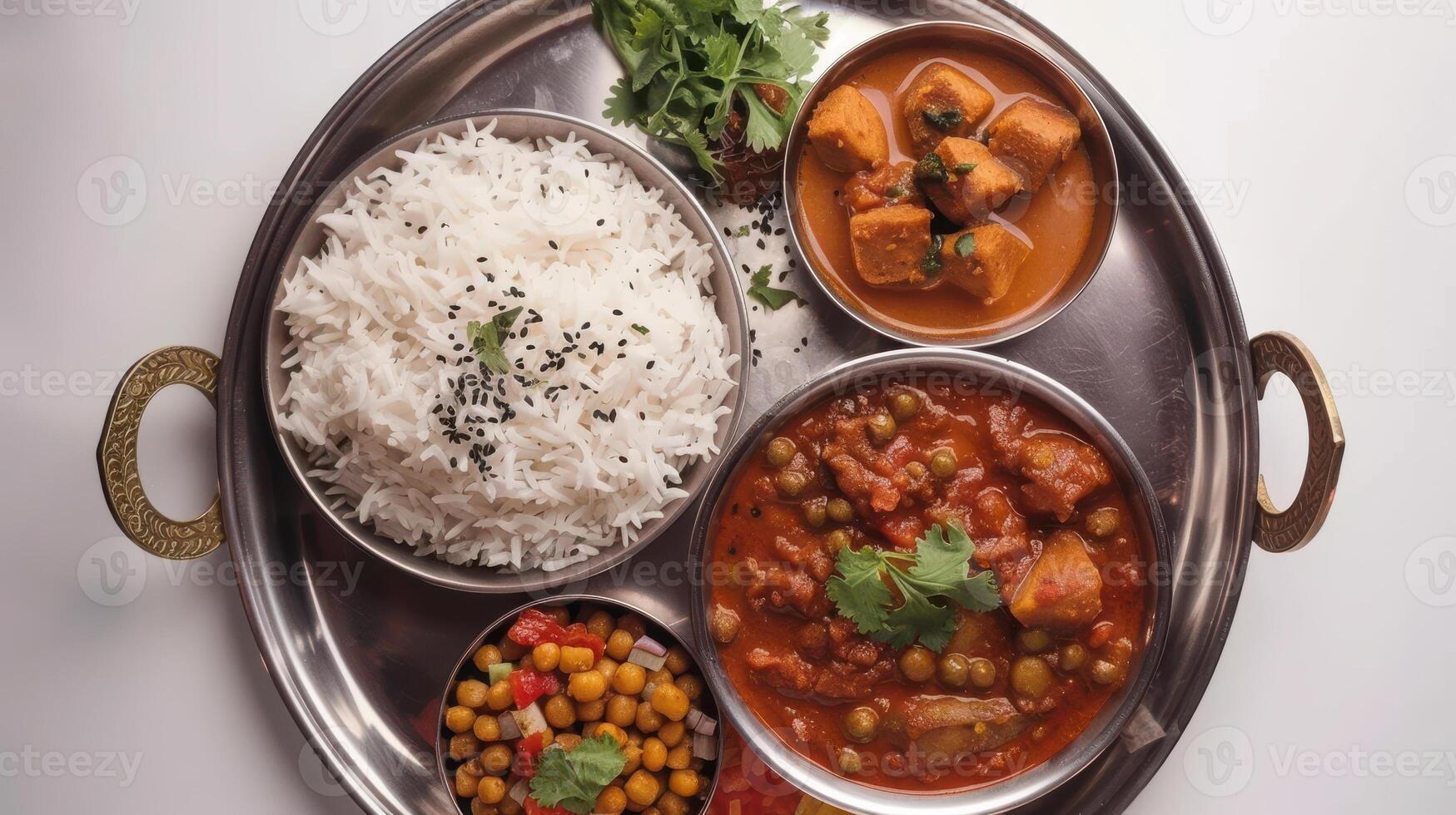 A Colorful Plate of Traditional Indian Cuisine Featuring Rice and Curry Delights From a Local Eatery. photo