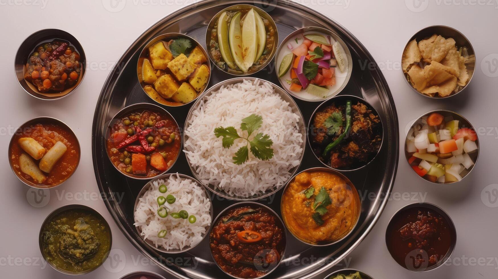 A Traditional Indian Thali Featuring Aromatic Dishes Garnished With Fresh Herbs in a Vibrant Culinary Display. photo