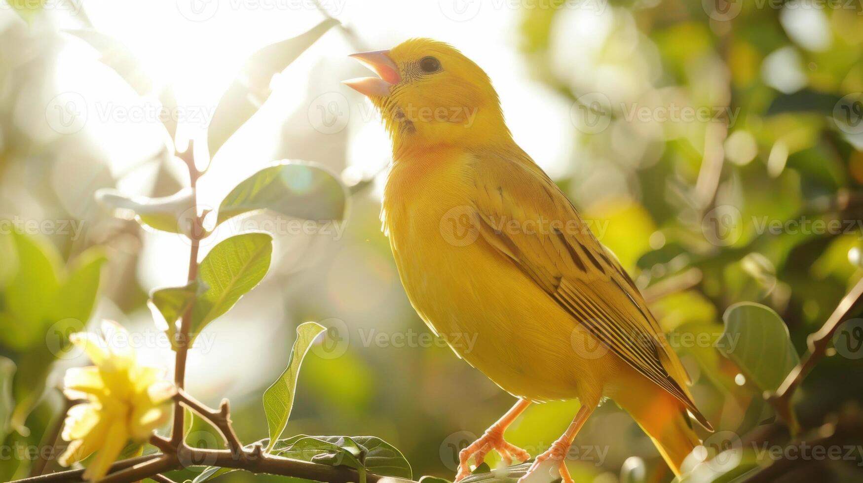 Bright Yellow Canary Singing Cheerfully Against a White Background in Morning Light. photo