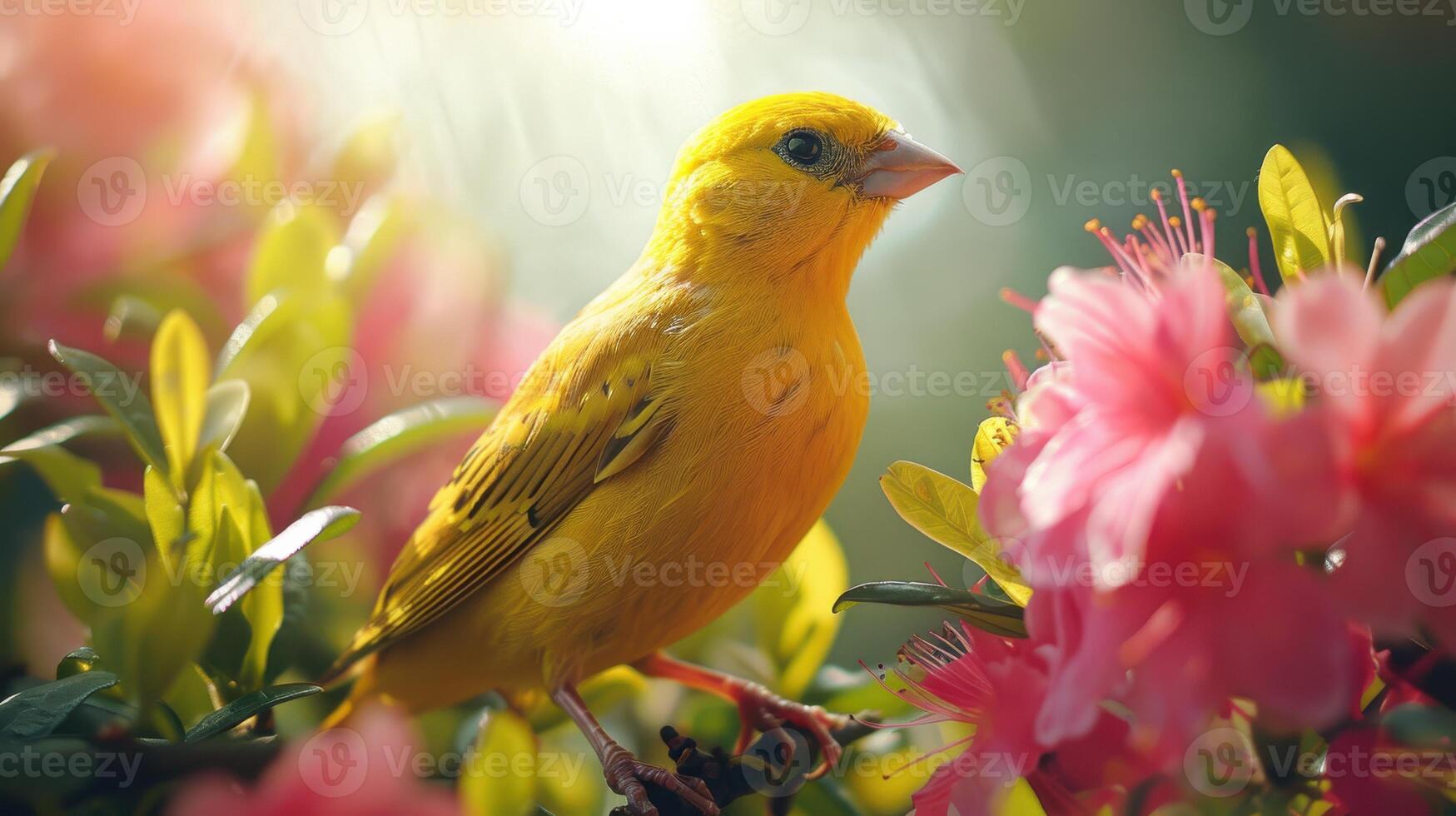 Vibrant Yellow Canary Perched Gracefully Against a Bright White Background. photo