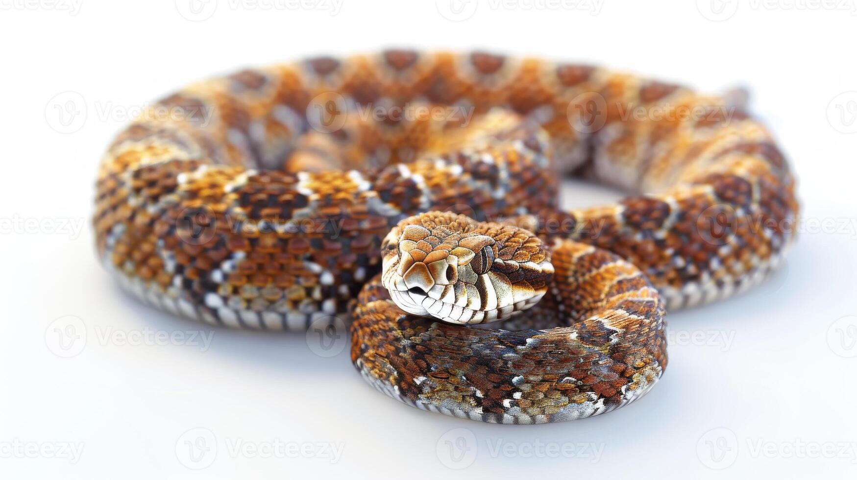 Beautifully Patterned Snake Curled Up on a Clean White Background Showcasing Its Intricate Scales and Calm Presence. photo