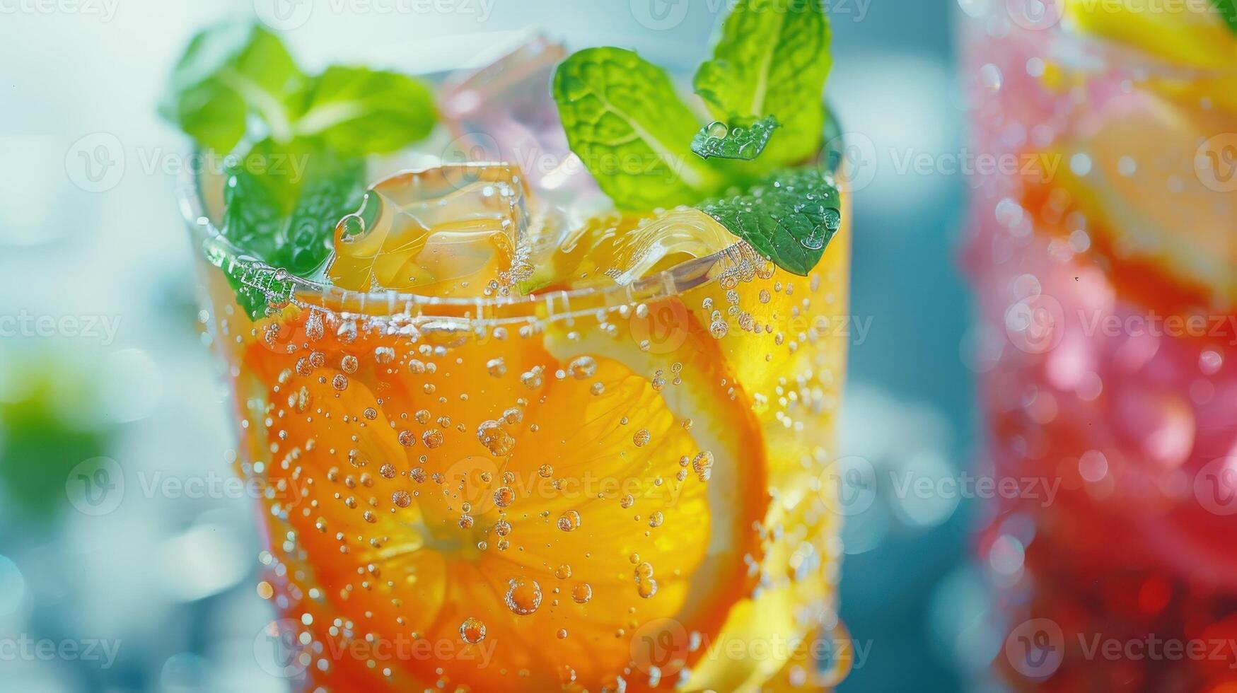 Refreshing Citrus Drink With Ice and Mint Garnish Enjoyed on a Sunny Afternoon. photo