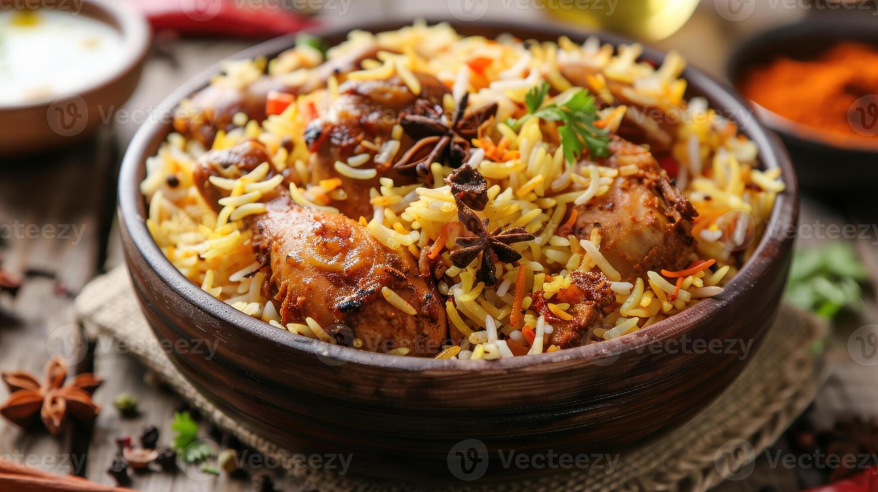 Delicious Homemade Chicken Biryani Served in a Traditional Wooden Bowl on a Bright Afternoon. photo